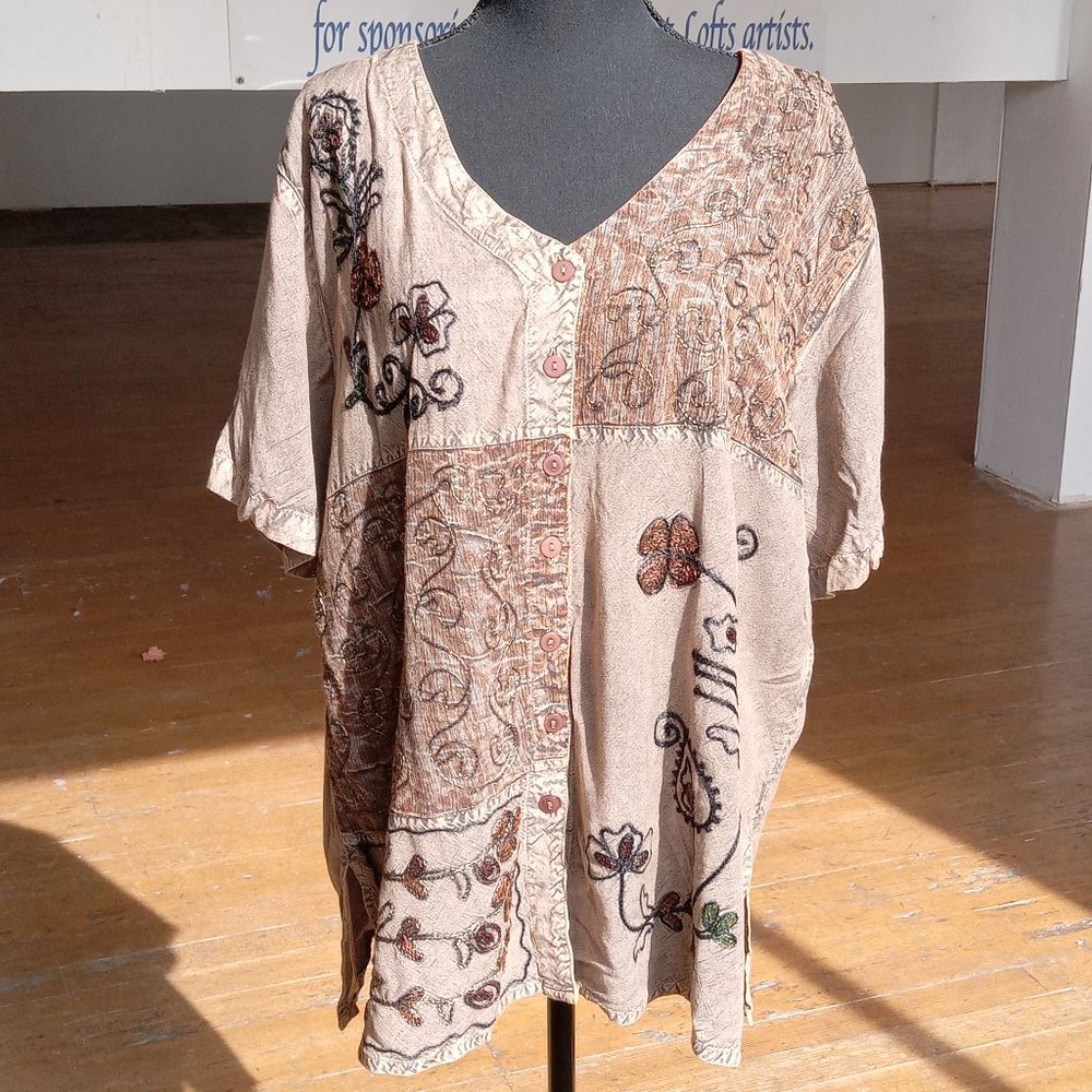 Brown and black multi-print embroidered short sleeve button down shirt